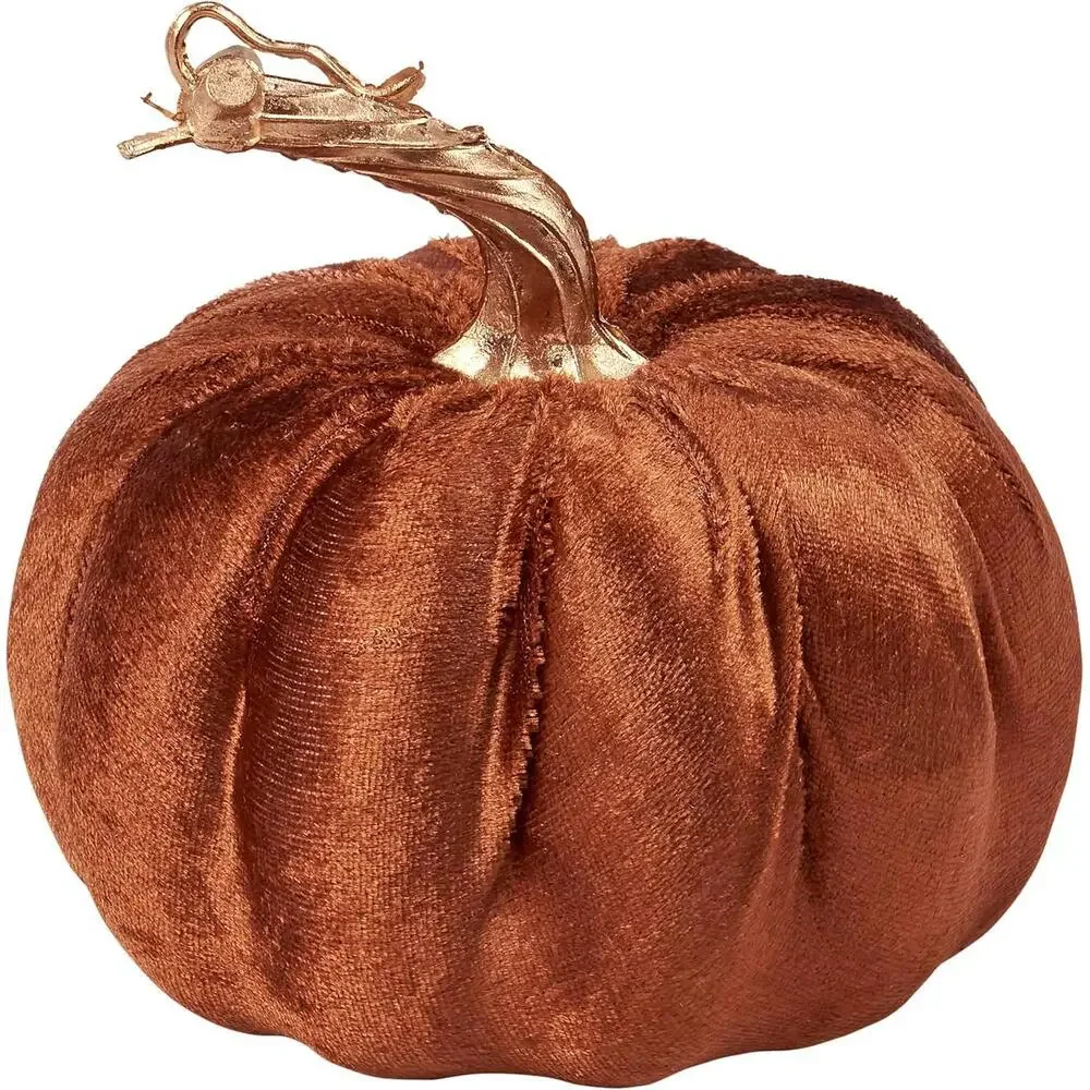 Brown Velvet Decorative Pumpkin | Dark Orange Fall Harvest Tabletop Décor with